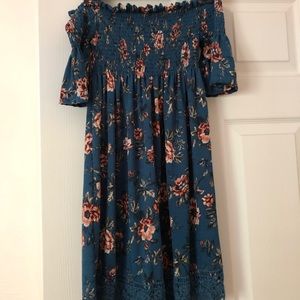Dark blue floral off-the-shoulder dress